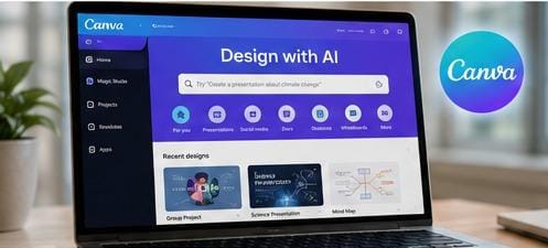 Canva AI design tool helping users create graphics, presentations, social media posts, and visual content in 2026.
