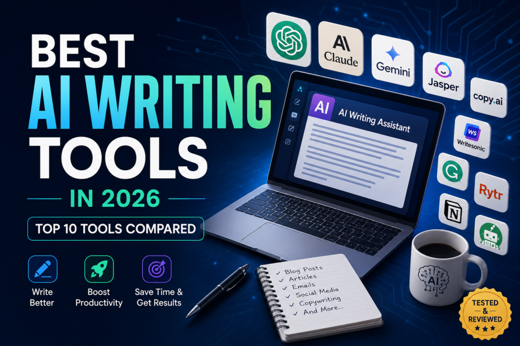 Best AI Writing Tools in 2026 comparison featuring ChatGPT, Claude, Google Gemini, Jasper AI, Copy.ai, Writesonic, Grammarly, Rytr, Notion AI, and QuillBot.