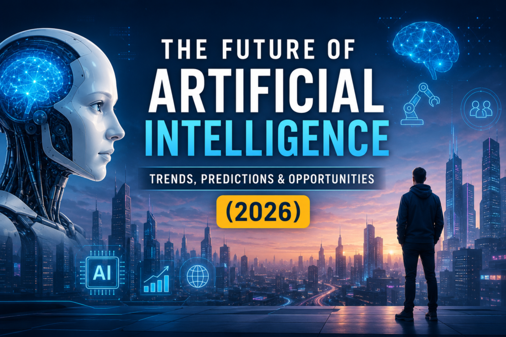 The Future of Artificial Intelligence featured image showing a futuristic AI robot, smart city, human silhouette, and AI technology trends for 2026.