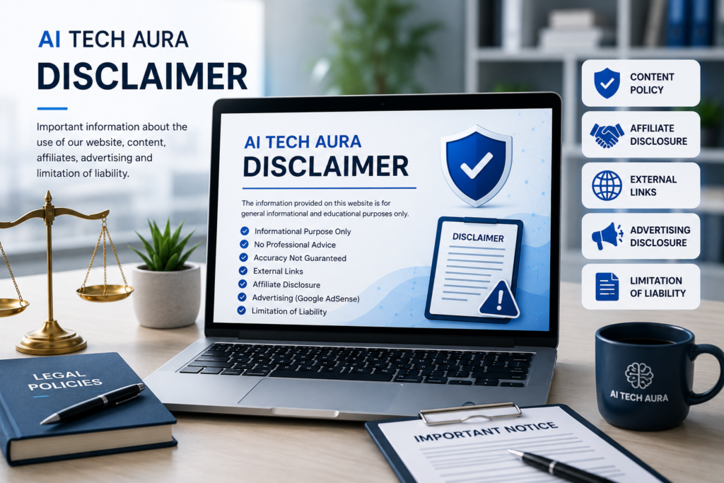 AI Tech Aura Disclaimer page explaining content policy, affiliate disclosure, advertising practices, and legal limitations.