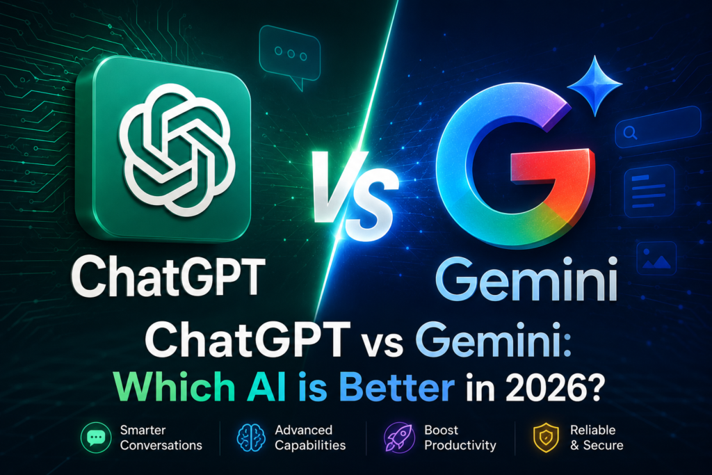 ChatGPT vs Google Gemini comparison showing the features, performance, pricing, and capabilities of two leading AI chatbots in 2026.