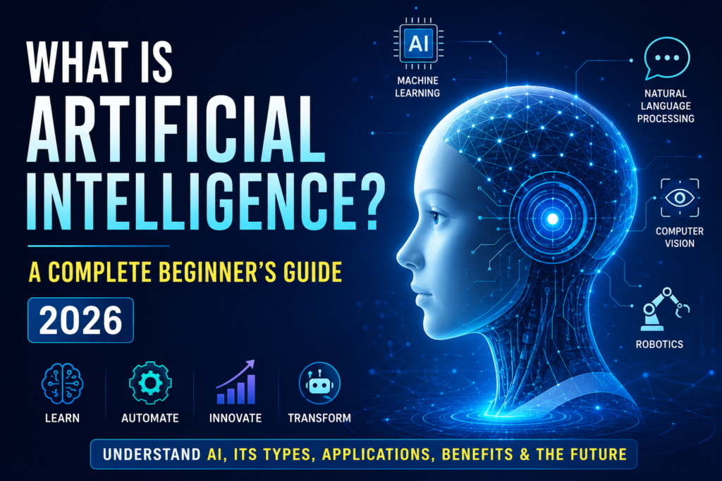 What Is Artificial Intelligence illustrated with AI technology, machine learning, robotics, and digital brain concepts