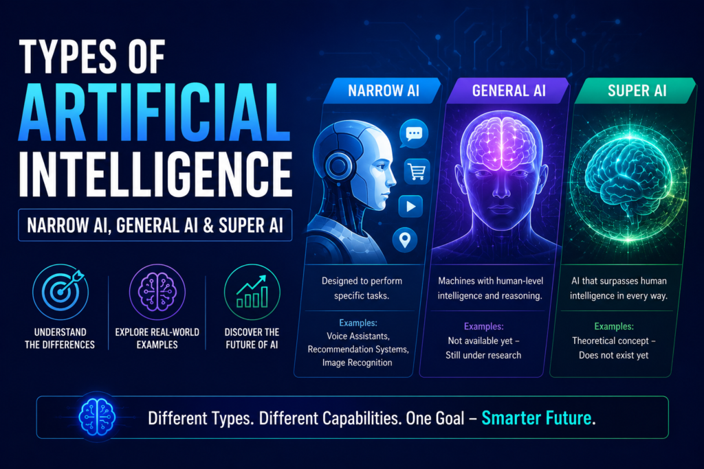 Types of Artificial Intelligence showing Narrow AI, General AI, and Super AI with visual comparison