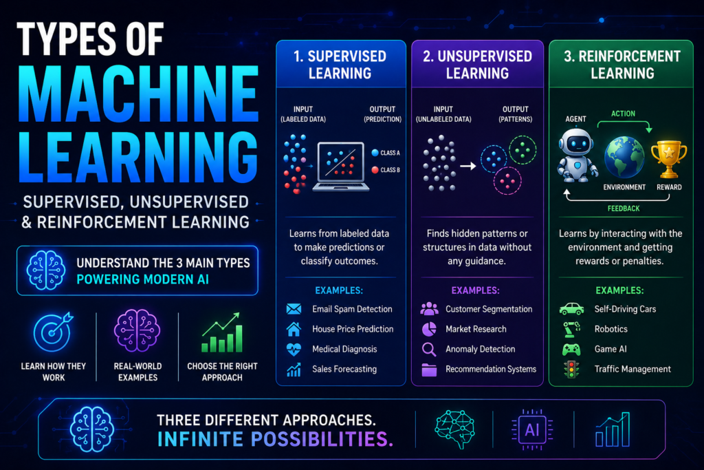 Types of Machine Learning infographic explaining Supervised Learning, Unsupervised Learning, and Reinforcement Learning with real-world examples (2026).