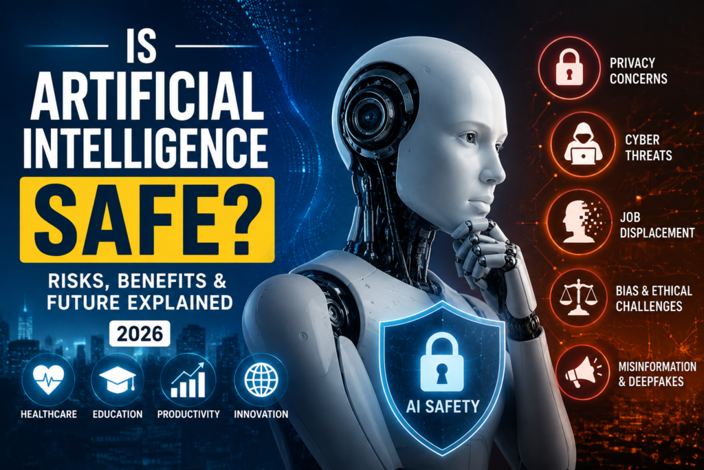 Is Artificial Intelligence Safe infographic showing AI safety, privacy concerns, cyber threats, ethical risks, benefits, and the future of Artificial Intelligence (2026).