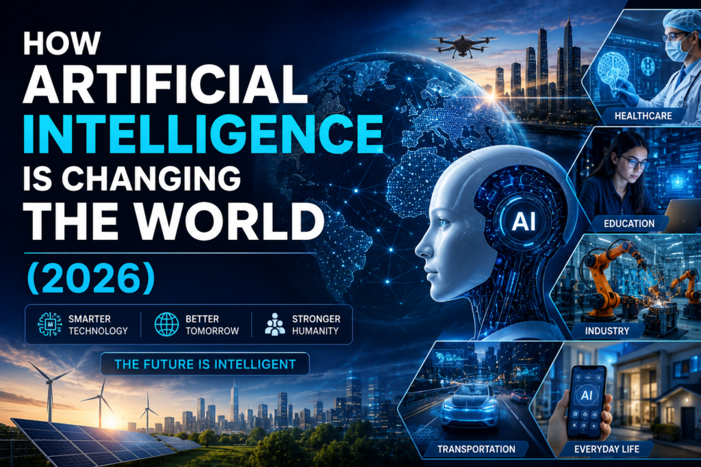 How Artificial Intelligence is changing the world in 2026 across healthcare, education, industry, transportation, and everyday life.