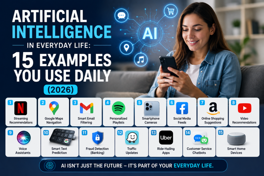 Artificial Intelligence in everyday life showing 15 real-world AI examples used daily in smartphones, navigation, streaming, shopping, banking, and smart home devices.