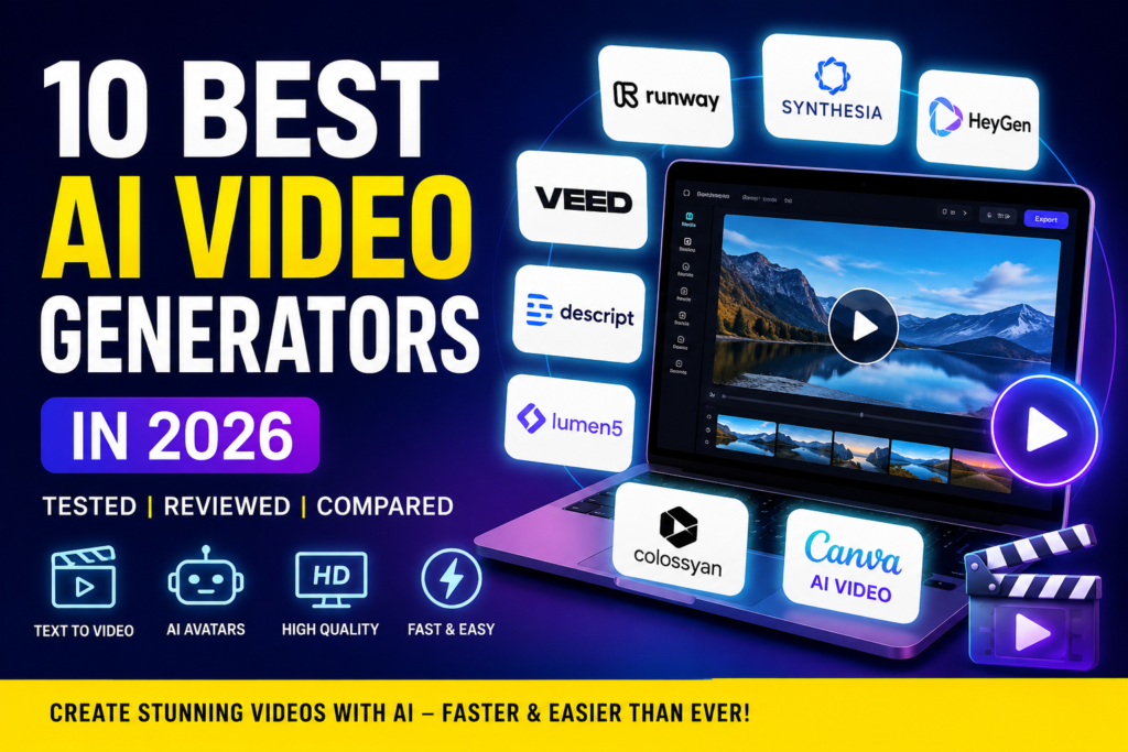 10 Best AI Video Generators in 2026 featuring Runway, Synthesia, HeyGen, VEED, Descript, Canva AI Video, and other AI video creation tools