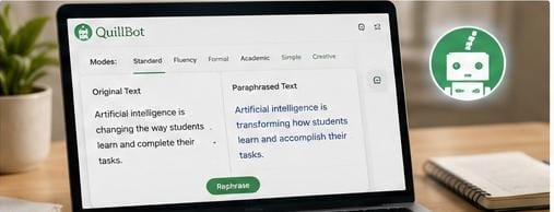 QuillBot AI writing assistant helping users paraphrase text, improve grammar, and enhance writing quality in 2026.