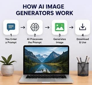 AI image generation process showing how text prompts are converted into realistic images using artificial intelligence.