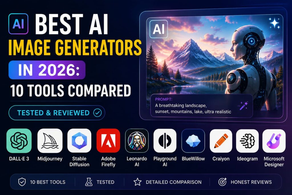 Best AI Image Generators in 2026 comparison featuring Midjourney, DALL·E, Adobe Firefly, Leonardo AI, Canva AI, Ideogram AI, Stable Diffusion, Playground AI, DreamStudio, and Microsoft Designer.
